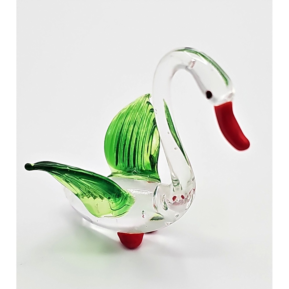 Vintage Hand Blown Art Glass Swan Figurine Clear Green Red Miniature Bird Decor